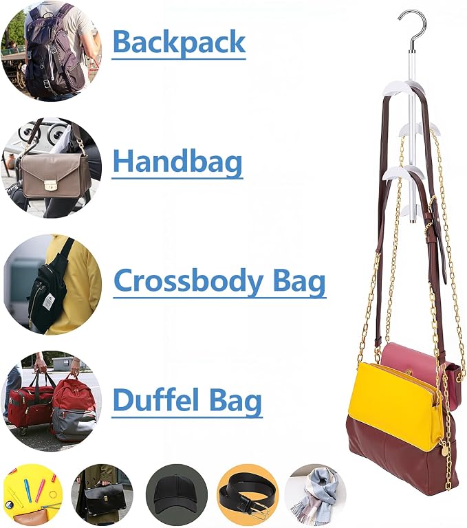 Purse Hanger Organizer for Closet 2Pack, Hanging Bag Holder, with 4 Hooks, Hanging Organizer for Handbag Keeping Purses, Storage Hook Backpack Rack Space Saving Hanger