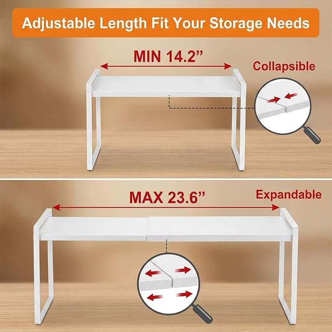 Kenaoeoe 14.2-23.6 Inch Expandable Cabinet Shelf Organizer Riser Adjustable Kitchen Cabinet Organizer for Pantry Cupboard Under Sink Countertop, Space Saver Storage Rack, White