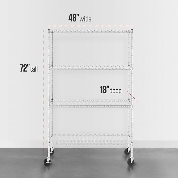 SafeRacks NSF 4-Tier Heavy Duty Steel Wire Rack w/Wheels (18"x48"x72")