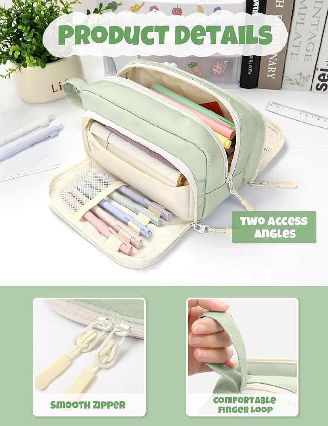 SUNEE Cute Pencil Case, Aesthetic Pen Pouch with 3 Compartments, Kawaii Colored Large Pencil Bag with Zipper, Stationery Storage and Organizer, Green School Supplies for Teen and Adult Girls