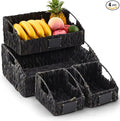 Wonderjune 4 Pcs Water Hyacinth Storage Basket Set Boho Wicker Rattan Pantry Basket with Chalkboard Label Handles Woven Container Kitchen Laundry Large Small for Shelf Food Home Bathroom Decor(Black)