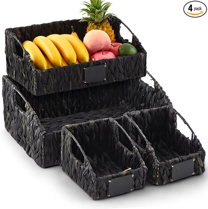 Wonderjune 4 Pcs Water Hyacinth Storage Basket Set Boho Wicker Rattan Pantry Basket with Chalkboard Label Handles Woven Container Kitchen Laundry Large Small for Shelf Food Home Bathroom Decor(Black)