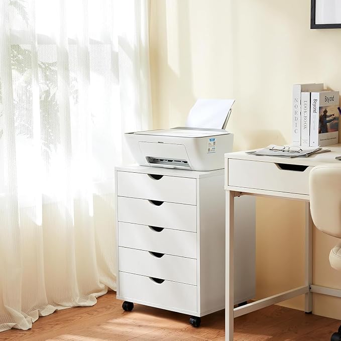 5 Drawer Rolling Storage Cabinet, Mobile File Cabinet for Office, White | Rolling Storage Cabinet with 5 Drawers for Desk Drawer Organization, Home Office Storage and Printer Stand