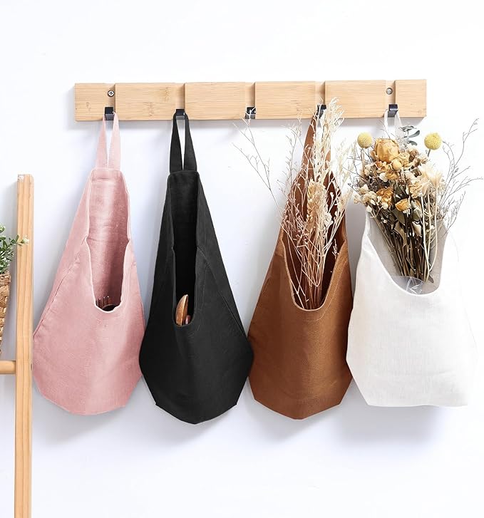 100% Linen Hanging Storage Bags Baskets 2 Pcs, Small Wall Storage Bag for Kitchen, Bedroom, RV Camper Organizer, Sewing Room, Nursery Storage, Kids Room (Black)