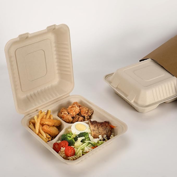 Aricsen 100 Pack 3 Compartment Compostable 8x9 Inch Takeout Lunch Box Containers with Lid To Go Take Out Clamshell for Food, Disposable Eco-Friendly Biodegradable Bagasse, PFAS-Free, Brown
