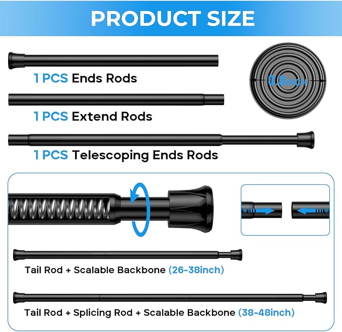 4 Pack Tension Rods for Windows 28 to 48 inch, Adjustable Curtain Rods No Drilling Spring Rods Extendable Pressure DIY Tension Rod for Window Closet Kitchen, Black