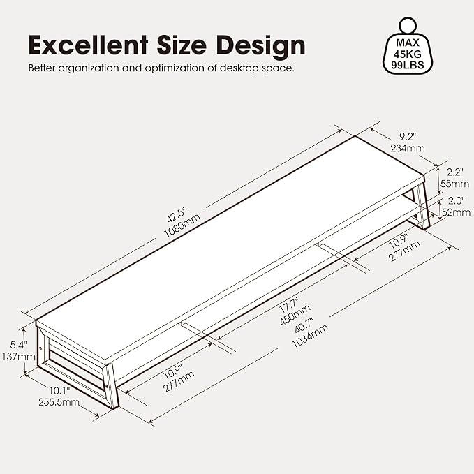 Fenge Dual Monitor Riser for Desk, Open Shelf with 3 Storage Compartments | 42.5in Computer Monitor Stand, 2-Tier Desk Shelf for Top of Desk,One-Piece Panel, fit Ultrawide Monitor, PC, Laptop, Oak