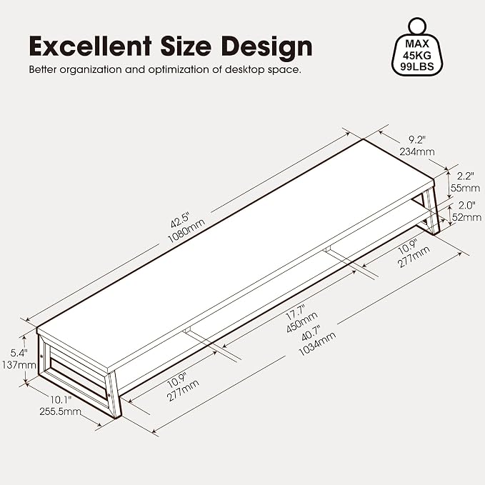 Fenge Dual Monitor Riser for Desk, Open Shelf with 3 Storage Compartments | 42.5in Computer Monitor Stand, 2-Tier Desk Shelf for Top of Desk,One-Piece Panel, fit Ultrawide Monitor, PC, Laptop, Dark Oak