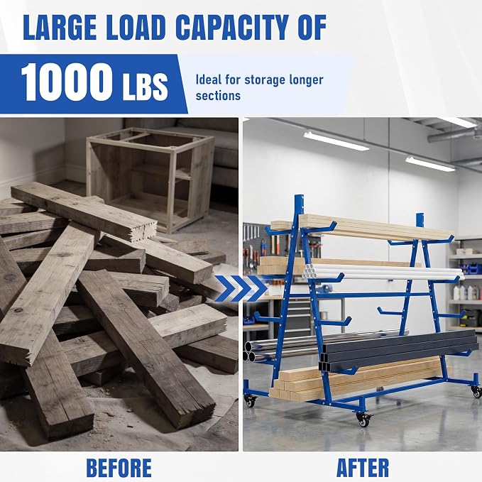 tonchean Lumber Storage Rack with Wheels, 55.9" D x 46.2" W x 54.3" H | Heavy duty mobile conduit pipe stand, 5 tier, can holds up to 1000lbs
