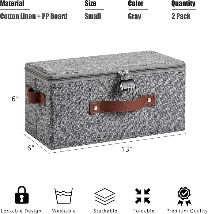 2PCS Storage Bins Box with Zipper Lid Combination Lock PU Leather Handles Cotton Linen Fabric Lockable Basket DVD CD Case Foldable Closet Shelf Organizer Container (Gray, 13"x 6"x 6")