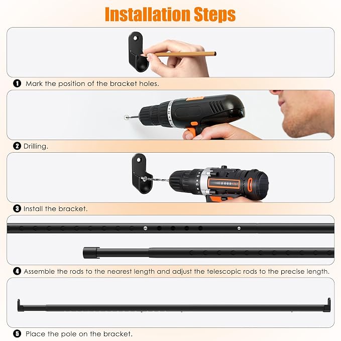 Oval Closet Rod for Hanging Clothes, Adjustable, 18 to 63 in | Black, Heavy Duty, Metal, Suitable for Wardrobes, Laundry, RV