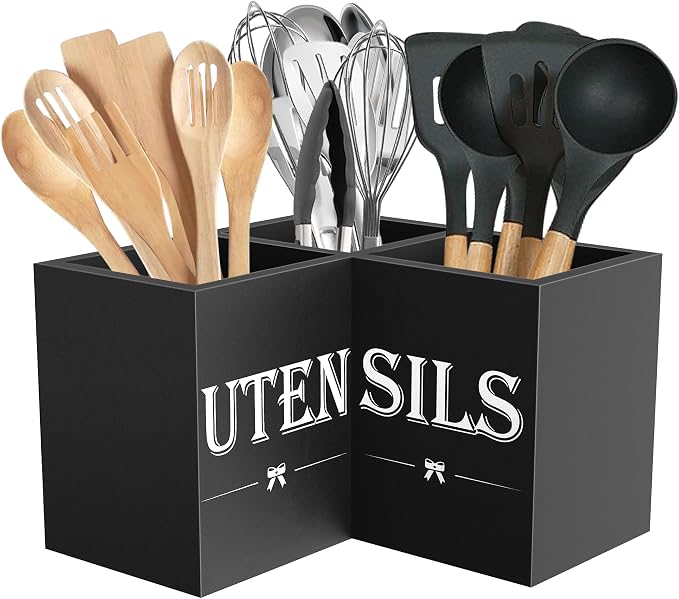 Suli Extra Large Utensil Holder Countertop for Kitchen Counter,Wood,Black | Hold 40 Utensils,4 Removable Divider,Rutic Silverware Organizer Caddy,Spacesaving,Farmhouse Cooking Crock for Spatula,Spoon