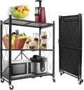 DEANIC 3 Tier Foldable Storage Shelves with Wheels, Kitchen Appliance Stand, Freestanding Metal Wire Shelf Rack, No Assembly Organizer Rolling Cart for Garage, Basement, Pantry (Black)