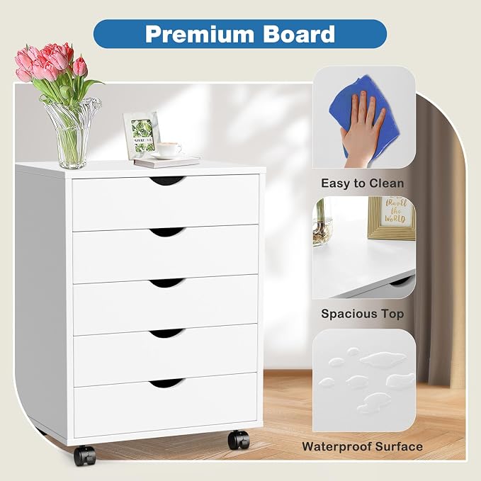 OLIXIS 5 Drawer File Cabinet on Wheels, Printer Stand | Fits Under Desks, Wood Storage Organization Holds Printer, Office Supplies, Not For Hanging Files, For Home Office Use White