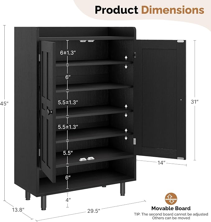Farmhouse Shoe Cabinet with Doors, 6-Tier Wooden Shoe Organizer with Adjustable Shelves, Entryway Storage Cabinet, Rustic Shoe Storage for Entryway or Living Room (Black)