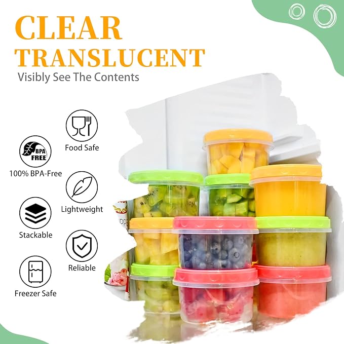 TOFLEN 8 oz Small Plastic Freezer Containers, 12 Pcs, Multicolor | Reusable Food Storage Containers with Twist Lids, BPA-free, Leakproof & Airtight, Freezer Safe, Dishwasher Safe