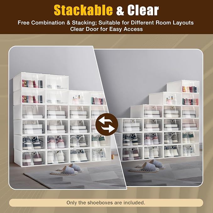 24-Pack Clear Plastic Shoe Boxes, Stackable Foldable Shoe Storage Containers with Lids for Closet Organization