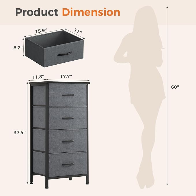 Sweetcrispy 4 Fabric Drawer Small Dresser, Bedside Nightstand with Wooden Top Sturdy Frame, Entryway Closet Bedroom Storage Cabinet Furniture for Dorm,Grey