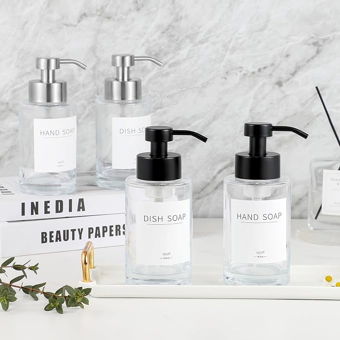Glass Foaming Soap Dispenser Set with 304 Stainless Steel Pump 12oz Clear | Rust Proof Silver Pump, Sturdy, Empty Foam Bottle with Waterproof Labels for Bathroom Decor Kitchen Colleage Dorm