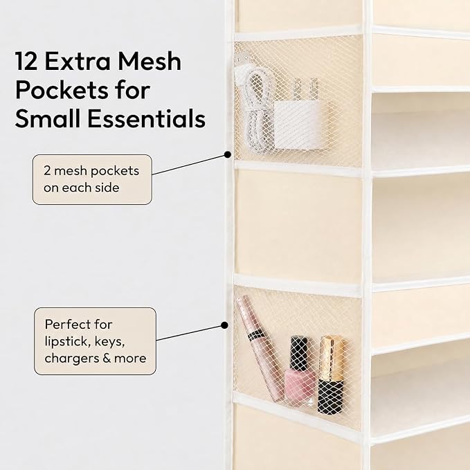 Over The Door Storage Organizer - Hanging Storage Organizer for Pantry Bedroom of Door Organizer 6 Large Pockets 12 Side mesh Pockets and 6 Bottom Panels Beige