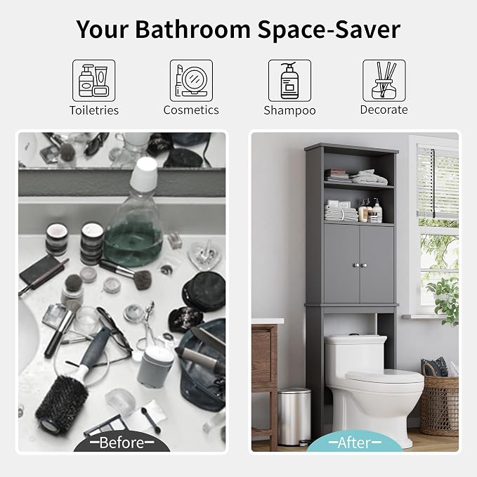 Shintenchi Over The Toilet Storage Cabinet, Bathroom Above The Toilet Rack, Bathroom Adjustable Shelf Organizer with Open Bottom Bar and Anti-Tip Device, Gray