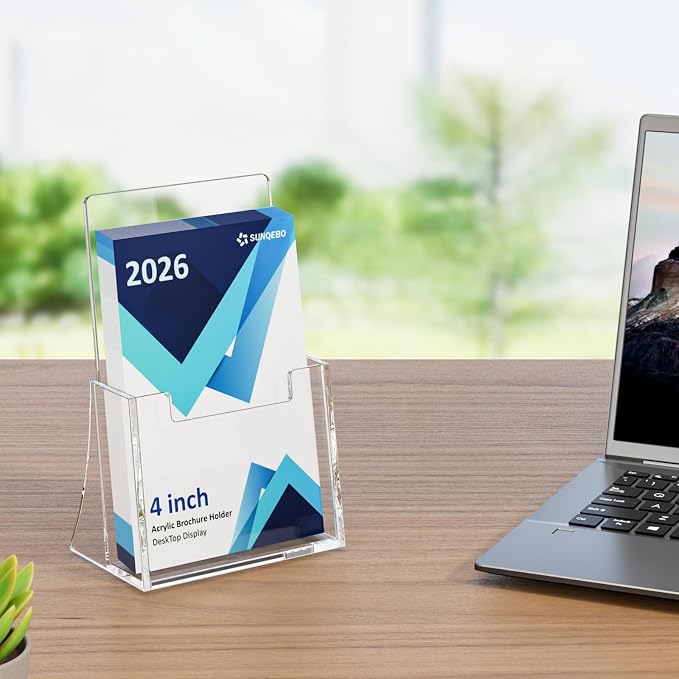 Acrylic Brochure Holder 4 Inch, 6 Pack, 4''x9'' Stand, Countertop Organizer | Clear Brochure Display Stand, Plastic Pamphlet Holder, Flyers, Literature, Magazines, Booklets, Journals, Desk Holder, Office