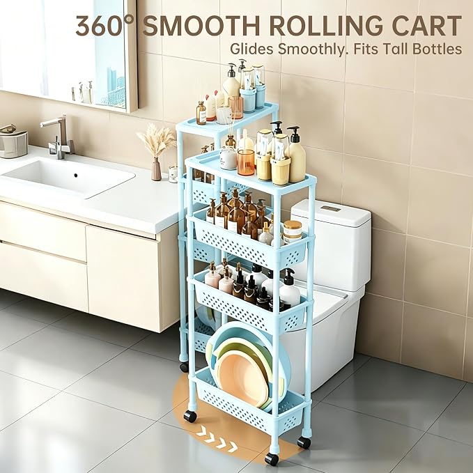 Slim 4 Tier Rolling Storage Cart Narrow Bathroom Organizer on Wheels Blue | 6.7" wide for tight bathroom/kitchen gaps, extra-tall tier, 360° casters, quick-dry shelves, tool-free storage rack