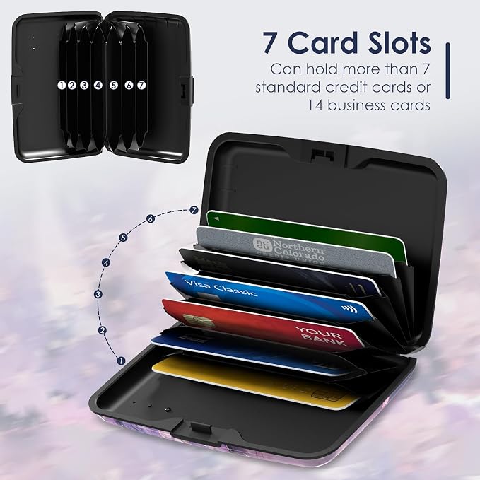 Mini Credit Card Holder for Women Men, RFID Blocking Slim Metal Card Case ID Case Business Travel Hard Wallet, Purple Flowers Moon