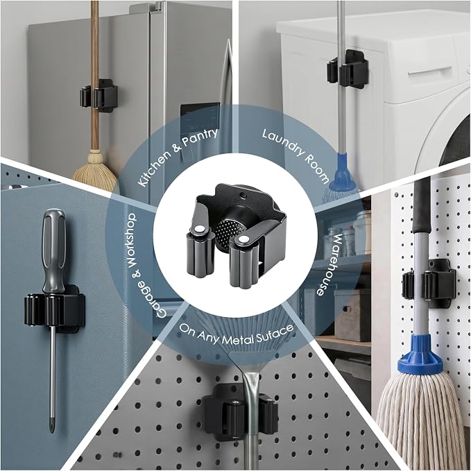5Pcs Magnetic Broom Holder Wall Mount No-Drill | 12lbs Heavy Duty Magnetic Tool Holder, for garage, laundry, kitchen, RV, van broom and mop organizer wall hanging