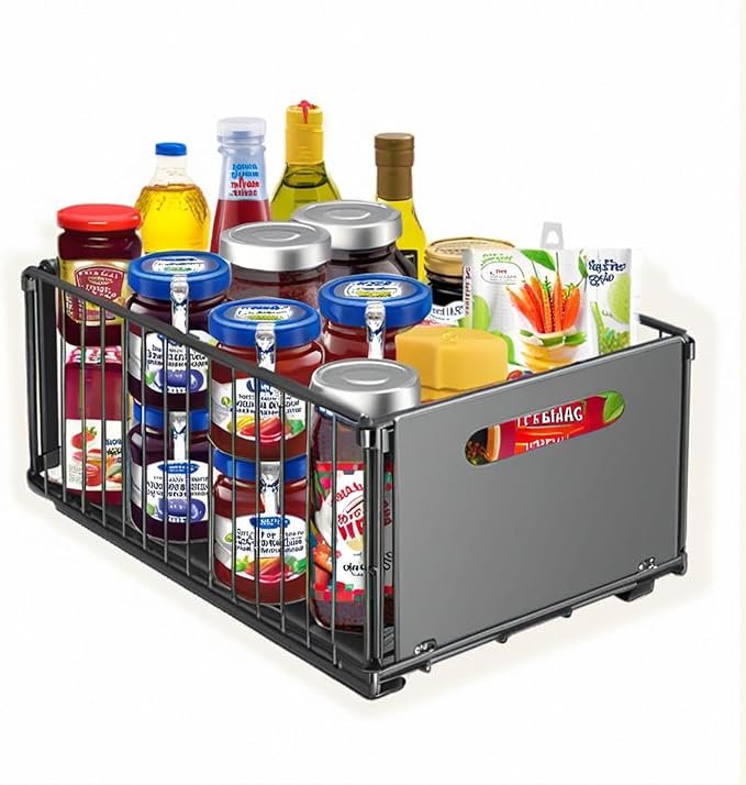 Sliding Pull-Out Cabinet Organizer 9.6"x14.8"x7.5" Black Heavy Duty Carbon Steel Drawer with Adhesive Rails, No Drill Storage Solution for Pantry/Closet