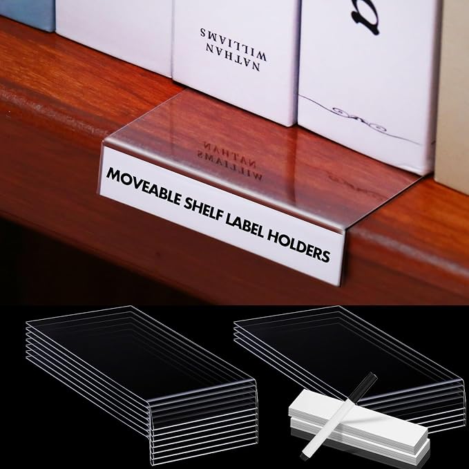 Containlol 60 Sets Moveable Shelf Label Display Holders with Label Inserts and Marker Clear Shelves Tag Plastic Shelf Markers Teachers Gift for Classroom Office Book Shelves(3 x 0.63 Inch)