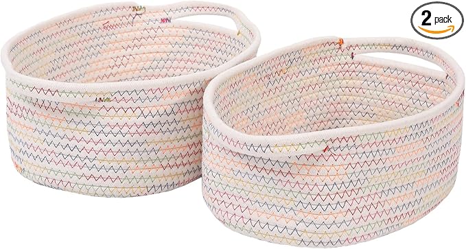 JMvicyroam Woven Basket,Small Rope Storage Bin with Handles & Ribbon Bag, Organizer for Shelves Closets,Gift Basket Empty for Birthday,Books,Dog Toys, Colorful/2 Pack