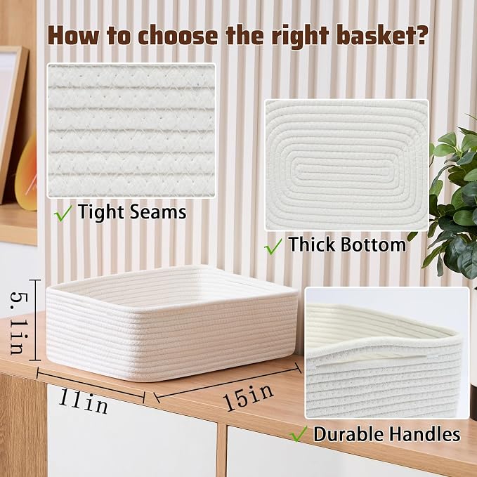 MiniArk Large Shallow Organizing Baskets 15x11x5.1 Inches - Rope Woven Storage Bins for Bathroom, Shelves, Cube Closet, Off White 3 Packs