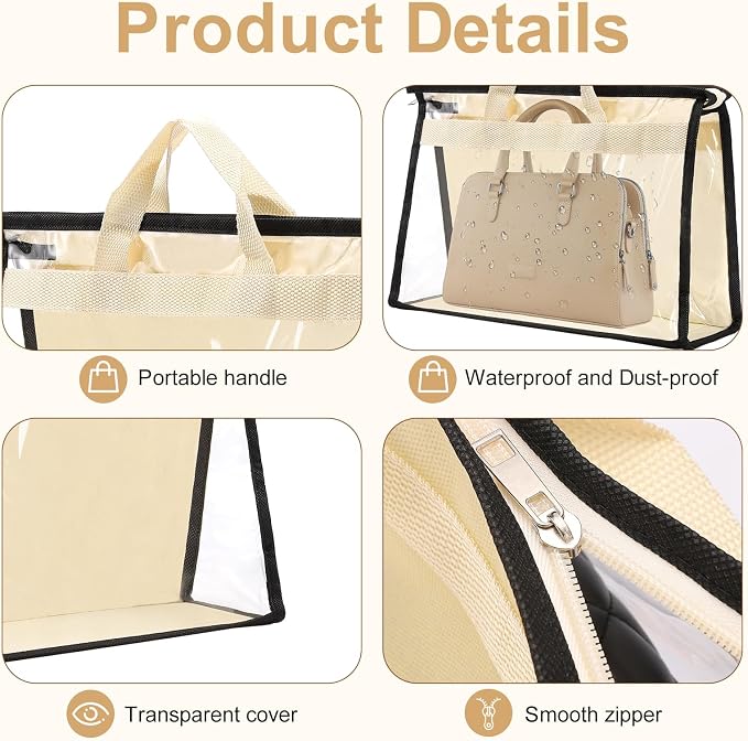 Dust Bags for Handbags,6 Pack Clear Handbag Storage Organizer,Purse Storage Bag with Zipper and Handle,Handbag Dust Bags for Closet Hanging Storage (6pcs L)