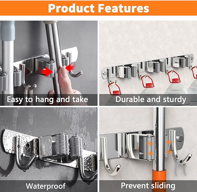 CUXIXA Broom and Mop Organizer Wall Hanging, Upgraded Mop and Broom Holder Wall Mount, Stainless Steel Broom Hanger Wall Mount for Laundry Room Organization and Storage（5 Racks with 4 Hooks）