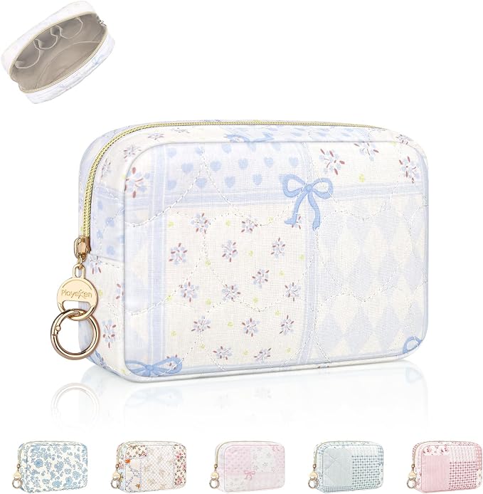Quilted Small Makeup Bag, Multi Pockets Cosmetic Pouch, Heart Blue | Floral Travel Makeup Pouch, Make Up Pouch for Women, Purse Organizer Pouches for Travel/ Gym/ Daily Use, Perfect Gifts