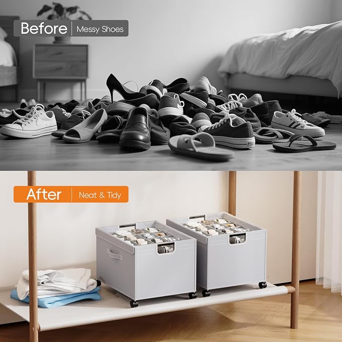 HOUSE AGAIN Shoe Organizer for Closet, Shoe Storage Organizer with Reinforced Metal‑Steel Frame, Lockable Wheels & Clear Cover, Foldable Shoe Box for Closet and Entryway, Grey