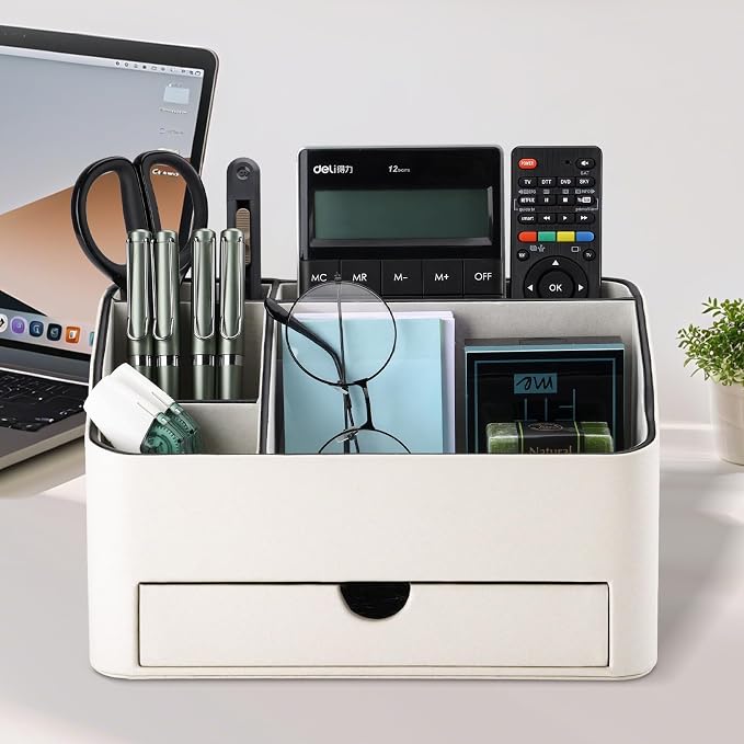 KINGFOM PU Leather Desk Organizer with Drawer, 5 Compartments Desktop Storage Caddy for Office Home Supplies, Pen Holder for Remote Control, Phone & Accessories, Mail Organizer Countertop Ivory White