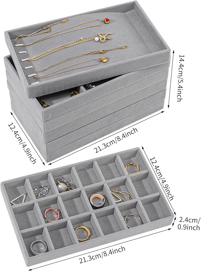 Dntorx Stackable Jewelry Organizer Trays, 6 Set of Velvet Jewelry Drawer Insert Sets Organizer Trays Jewelry Display Case Storage with Removable Dividers for Earring Necklace Rings Bracelet（Gray）