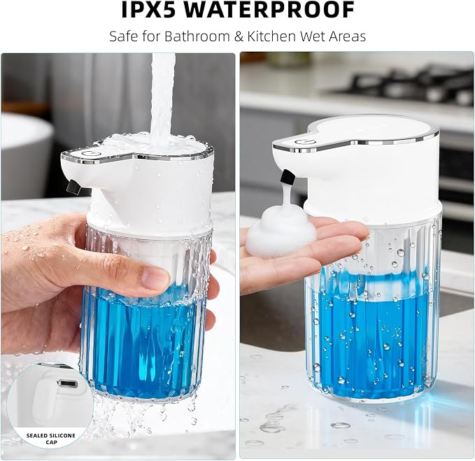 Automatic Foam Soap Dispenser Touchless, 12oz Rechargeable Soap Dispenser with 4 Adjustable Levels, Auto Hand Soap Dispenser for Kitchen, Bathroom Countertop, Wall Mounted, IPX5 Waterproof