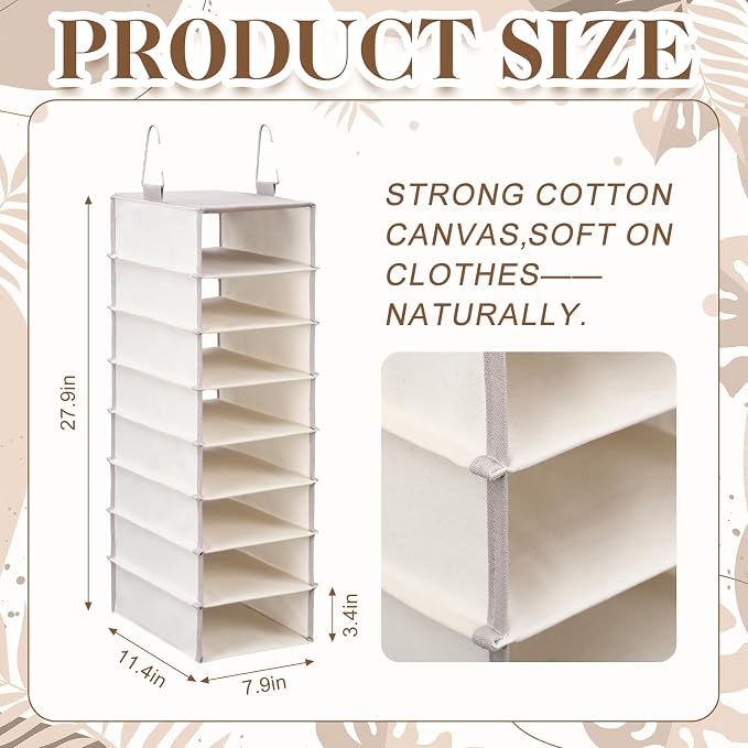 Tudomro 8 Shelf Hanging Closet Organizer Cotton Canvas Storage Shelves with Metal Hooks for Rod Wire Foldable Breathable Beige 28" L x 8" D x 11.5" H Closets for Sweaters and Clothing