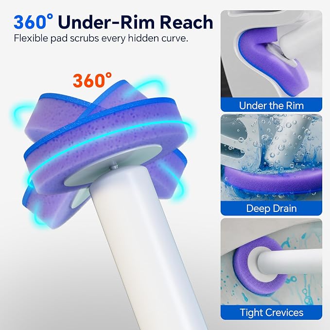 Disposable Toilet Brush and Holder Set - Hands-Free Eject Sponge Toilet Wand with Floor Standing Caddy, Secure-Lock Hangable Toilet Scrubber (2 Toilet Brush + 28 Refills)