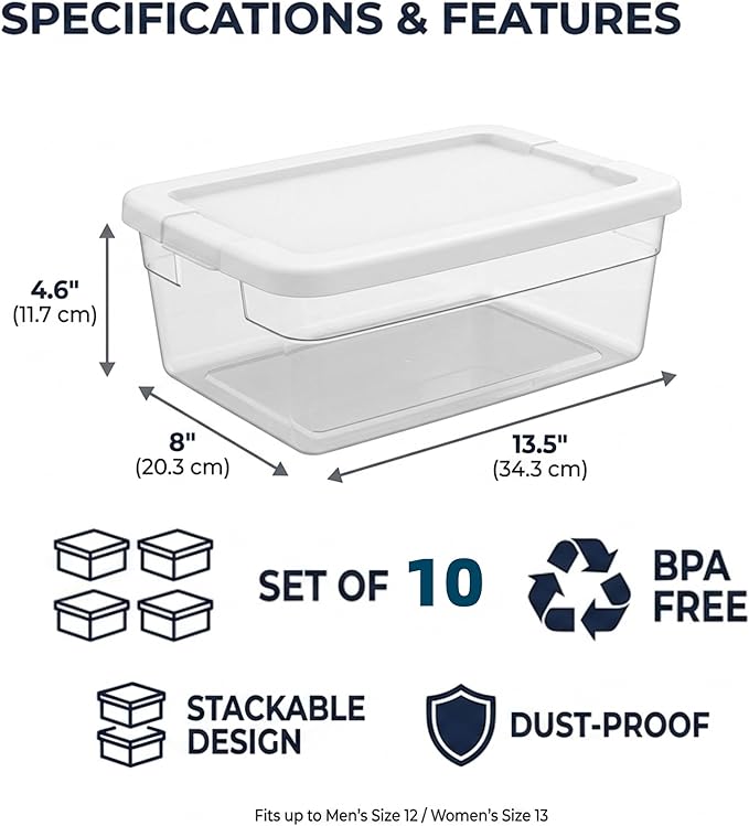 Storage Bins with Lids, 10 Pack 6 Qt Clear Plastic Stackable Shoe Boxes, Lid Organizer for Garage, Craft Supplies and Closet Storage, White
