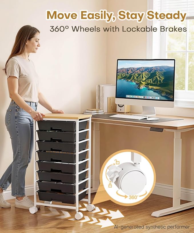 Homde Rolling Storage Drawer Cart: 8-Drawer Sort to Clear Desk & Dresser Clutter - Anti-Fall Smooth Glide Prevents Spill-Out During Daily Grab - Lockable Wheels Keep It Steady