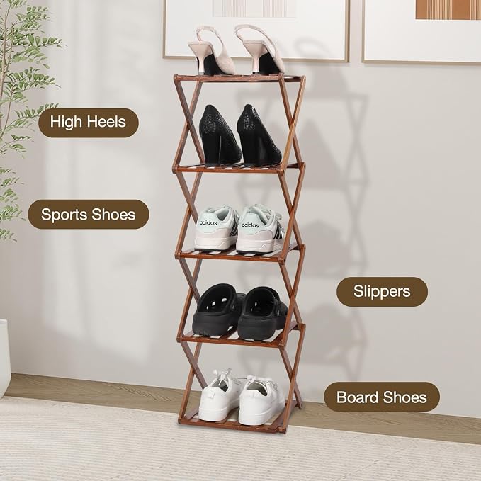 Bamboo Shoe Rack 5 Tier Foldable Shoe Rack for Entryway | Narrow Vertical Shoe Organizer Free Standing Shelf, Multifunctional Slim Storage for Bedrooms Living Room Corner