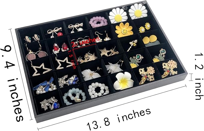 Stratalife 30 Grid Jewelry Organizer Tray, Stackable Drawer Earring Organizer with Adjustable Dividers, Jewelry Display Tray for Necklace Earring Ring Bracelet, 13.8" x 9.4" x 1.2", Black