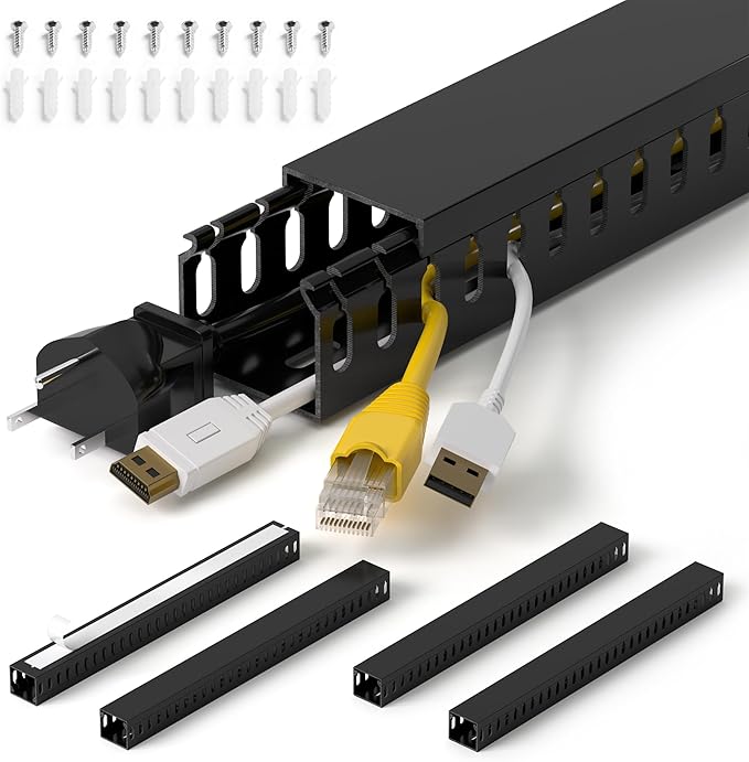 1.4"H x 1.6"W Cable Raceway, 66in Under Desk Wire Management Channel, Black | Slotted Wire Duct, 4Pack, 16.5in Each, Heavy-Duty PVC Cable Management for Server Racks, Network Cables & Electrical Cabinets