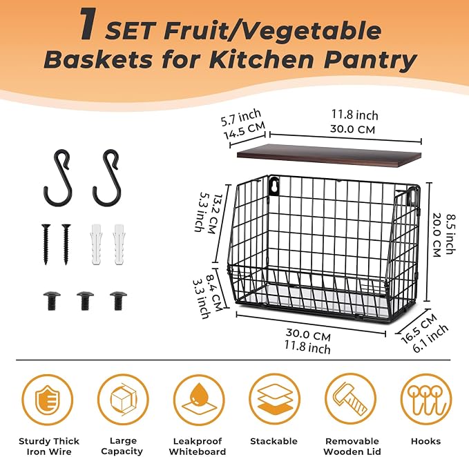 Wawocs Fruit Basket for Kitchen Counter, Fruit Bowl Stackable Wall Mounted Hanging Fruit Basket Wire Basket with Wood Lid with Banana Hanger Hooks, Onion,Potato,Fruit and Vegetable Storage