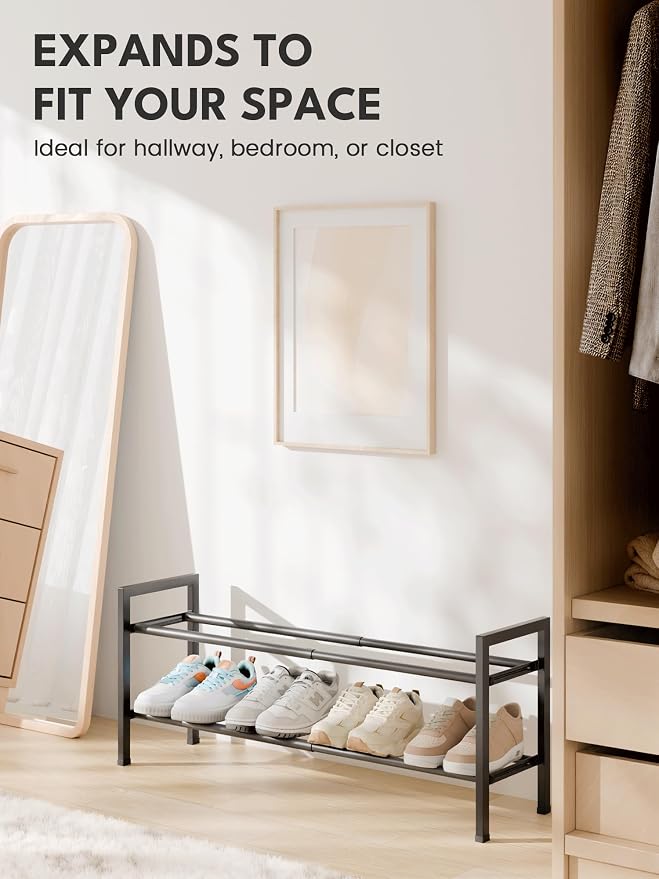 Bumusty 2 Tier Expandable Shoe Rack for Closet, 18“-33” Adjustable Shoe Rack for Small Space, Small Shoe Organizer for Front Door, Sturdy Metal, Black