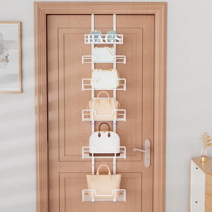 HapiRm Over Door Purse Organizer - Adjustable Purse Storage Rack with Bags Design Metal Basket, Wall Mounted Handbag Organizer, Hanging Handbag Holder, Can Use As 1/2 Part Detachable, White